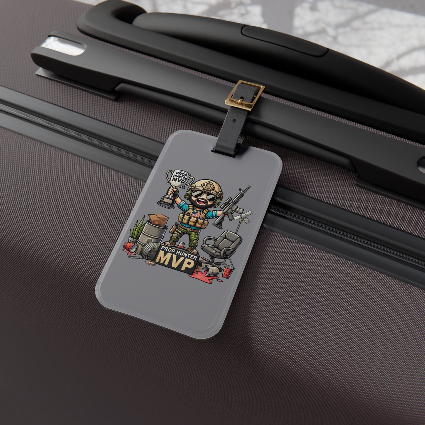 Prop Hunter MVP Luggage Tag | Funny Tactical Gamer Baggage ID | Trophy & Props Victory Design | Bearded Cartoon for Unique Prop Hunt Theme