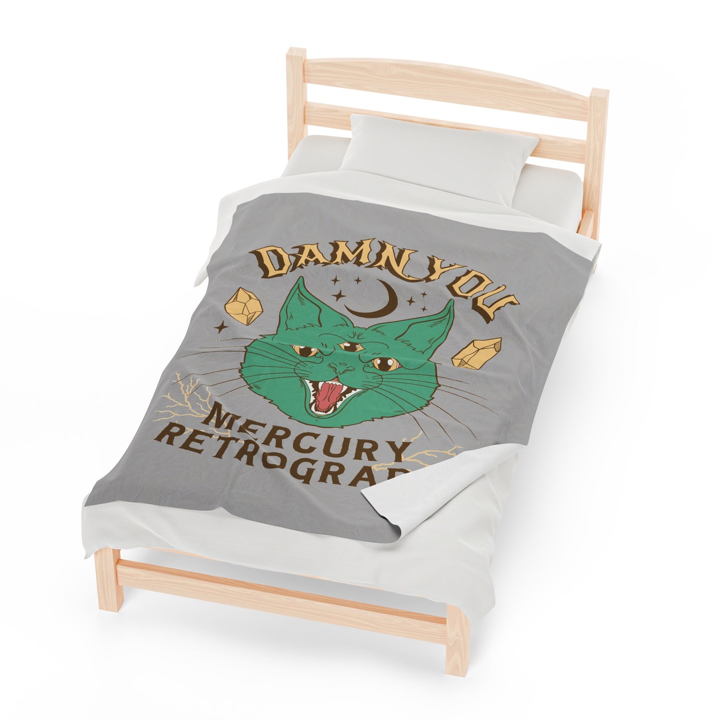 Damn You Mercury Retrograde Velveteen Plush Throw Blanket Trippy Three-Eyed Cat Design Spiritual Witchy Crystal Decor Astrology Zodiac Lover