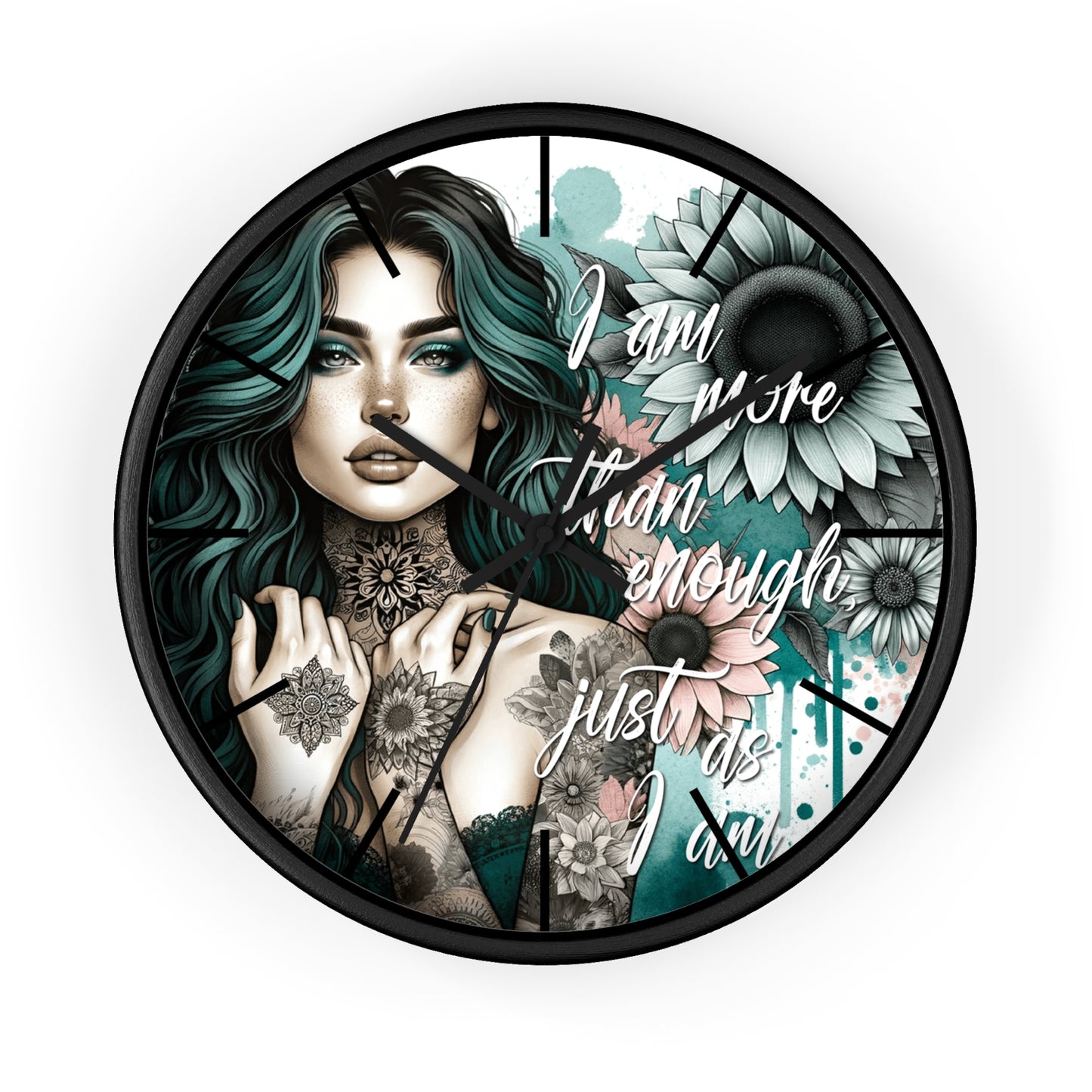 I Am More Than Enough Wall Clock | Affirmation Quote Art | Battery Operated Beautiful Woman with Flowers Dark Aesthetic Manifestation Decor