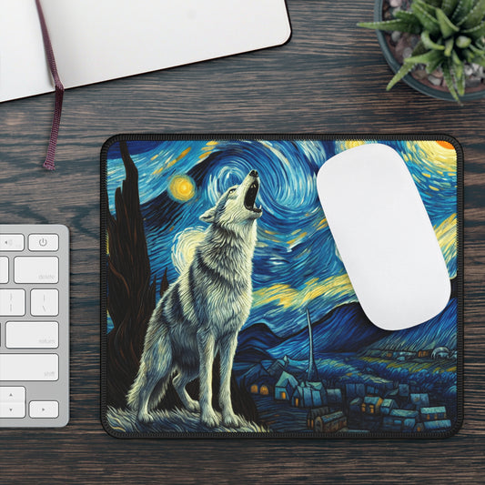 Lone Wolf Night Sky Non-Slip Mouse Pad | Starry Night-Inspired Art | Mystical Wolf Lover Desk Mat for Nature & Wilderness Enthusiasts