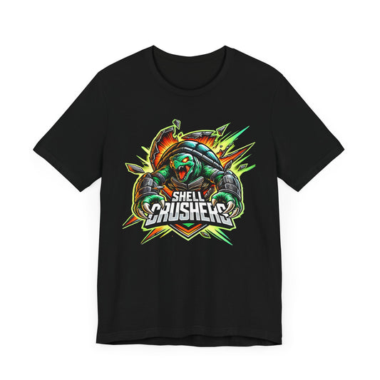 Shell Crushers Turtle Shirt | Fierce Armored Turtle Design | Unique Gift Gamers Animal Lovers Esports Jersey Style Graphic Tee Funny Turtle