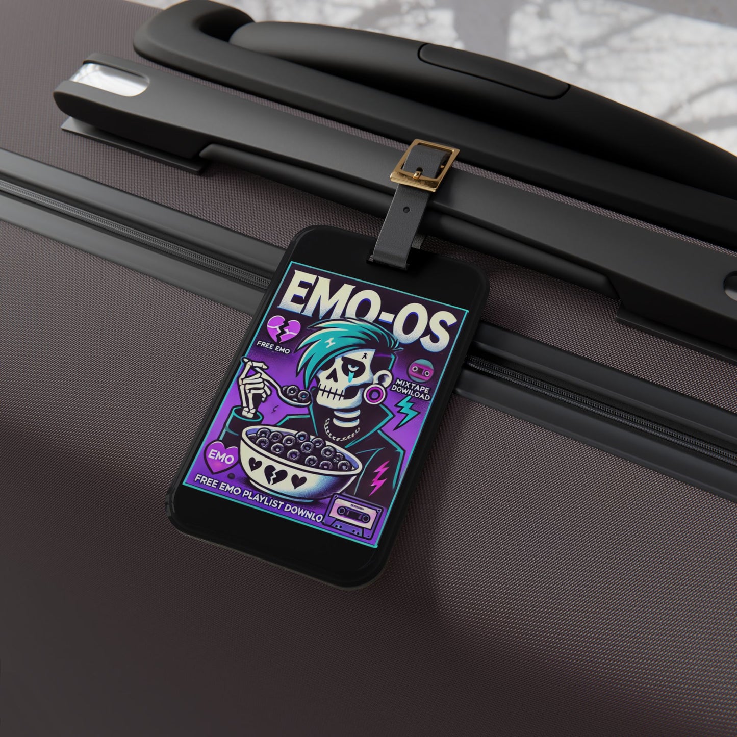 Emo Os Cereal Luggage Tag | Funny Elder Emo Baggage ID | Goth Cereal Lover Travel Accessory | Cute Alternative Style Gift for Emo Fans