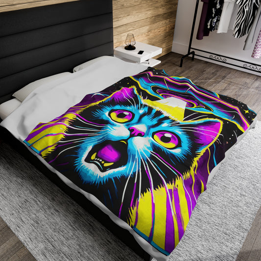 Colorful Cat Abduction Velveteen Plush Throw Blanket | Cool Cat Picked Up by Spaceship | Trippy Alien Decor Cat Lovers Cozy Fun Blanket Gift