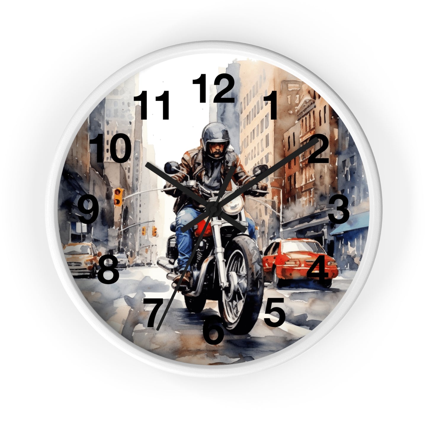 City Street Motorcycle Wall Clock | Urban Biker Decor | Rider Through City Art | Unique Gift for Bikers Cool Man Cave Clock Battery Operated