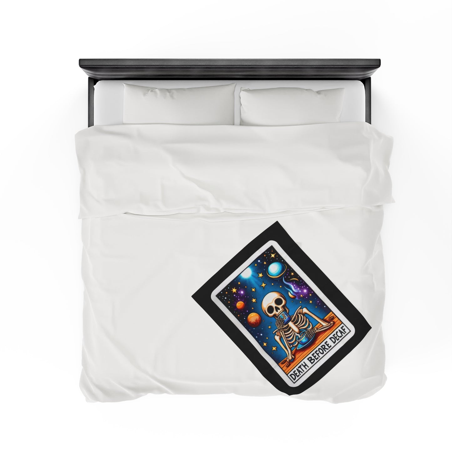 Death Before Decaf Tarot Card Velveteen Plush Blanket | Caffeine Addict Coffee Lover Gift | Cozy Throw Blanket for Espresso Enthusiasts