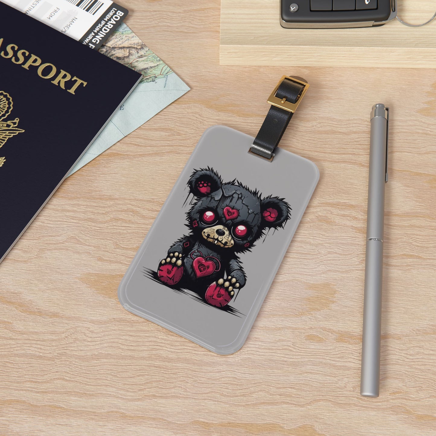 Emo Black Heart of Death Bear Luggage Tag | Edgy Streetwear Travel Accessory | Alternative Fashion Baggage ID | Goth Bear for Elder Emos