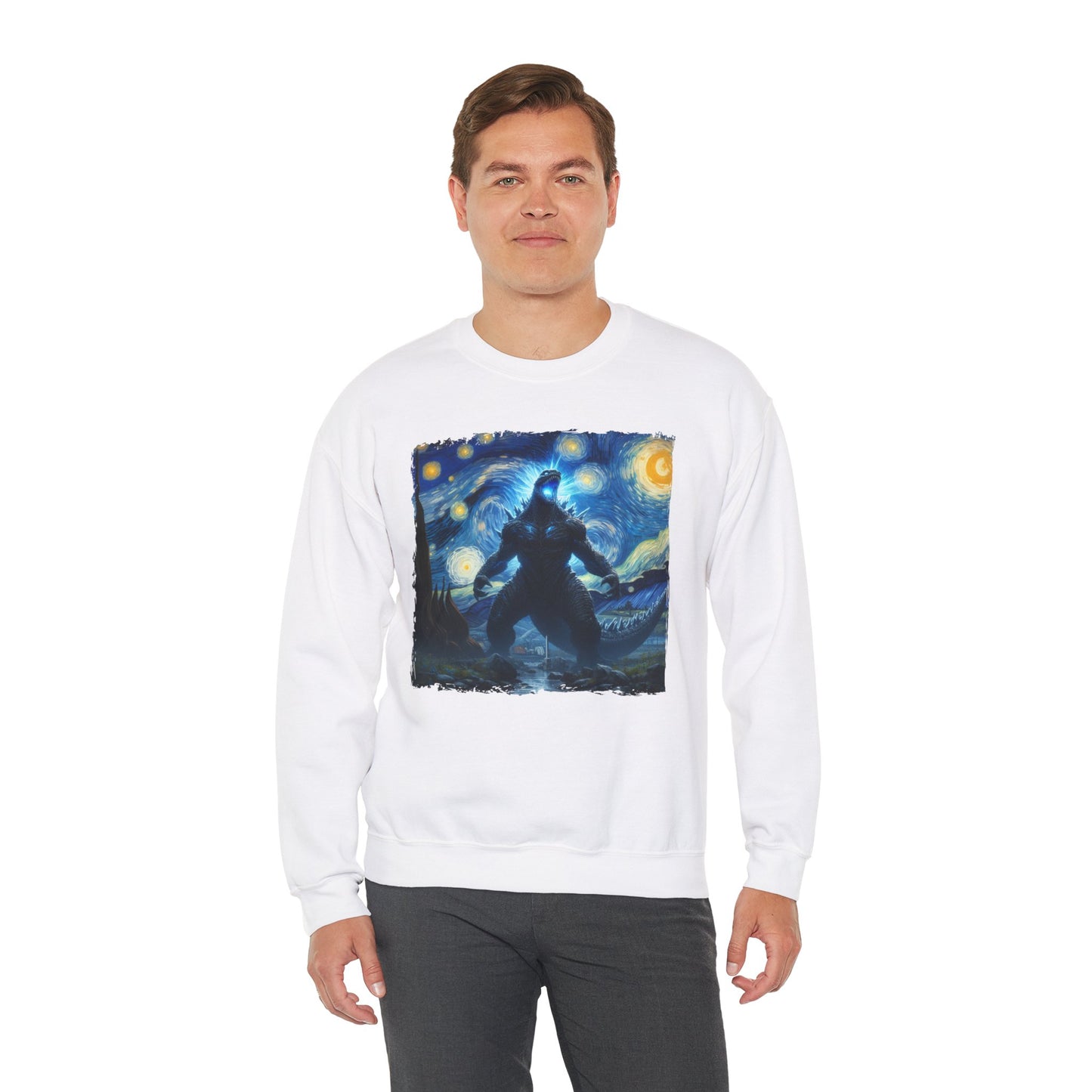 Giant Dinosaur Lizard Night Sky Crewneck Sweater | Kaiju-Inspired Starry Night Art Pullover | Epic Anime Monster Sweatshirt Dino Kaiju Fans