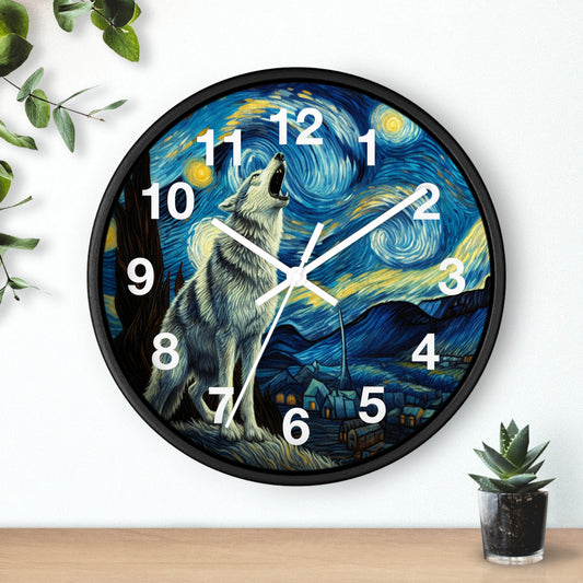 Lone Wolf Night Sky Wall Clock | Battery Operated | Starry Night-Inspired Art | Perfect Gift for Wolf and Nature Lovers Wall Decor Wolf Gift