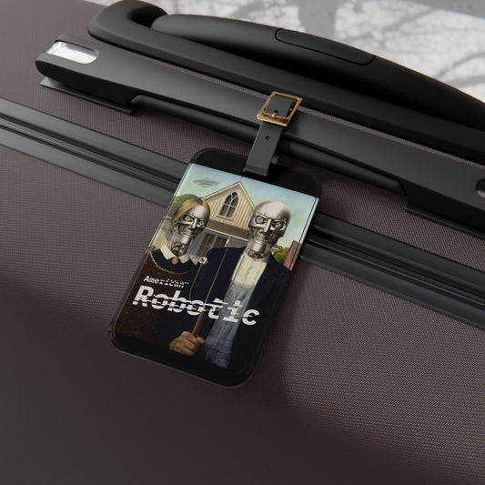 American Robotic Luggage Tag | American Gothic-Inspired Baggage ID | Tech-Advanced Robot Farmer Travel Accessory | Gift for Robot Lovers