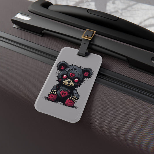 Emo Black Heart of Death Bear Luggage Tag | Edgy Streetwear Travel Accessory | Alternative Fashion Baggage ID | Goth Bear for Elder Emos