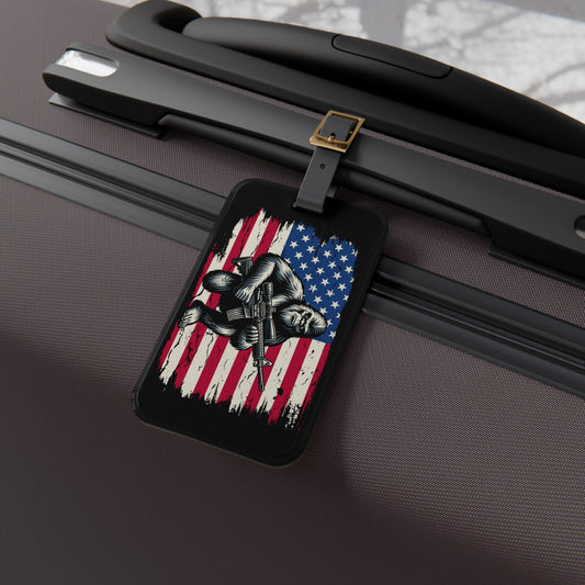 Bigfoot with Gun American Flag Luggage Tag | Patriotic Sasquatch Baggage ID | USA Pride Travel Accessory Legendary Freedom Gift for Patriots