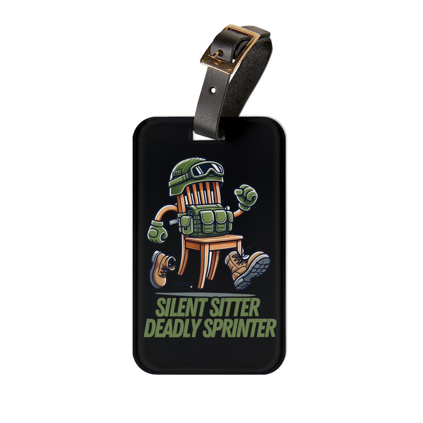 Silent Sitter Deadly Sprinter Luggage Tag | Tactical Chair Cartoon Baggage ID | Funny Prop Hunt Gamer Travel Accessory Military Chair Humor