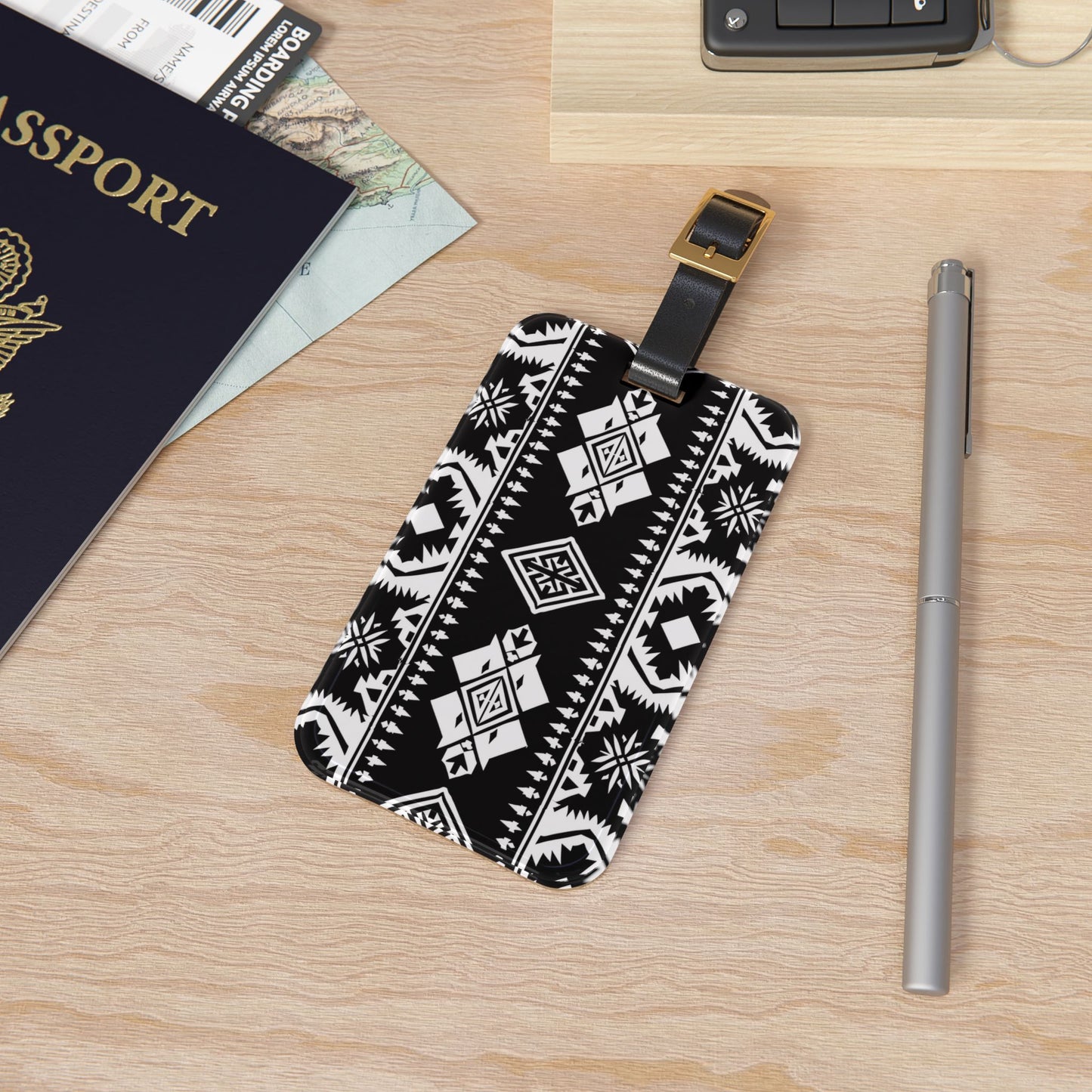 Black & White Aztec Western Style Luggage Tag | Bold Monochrome Baggage ID | Western Cowboy Travel Accessory Native American Inspired Design