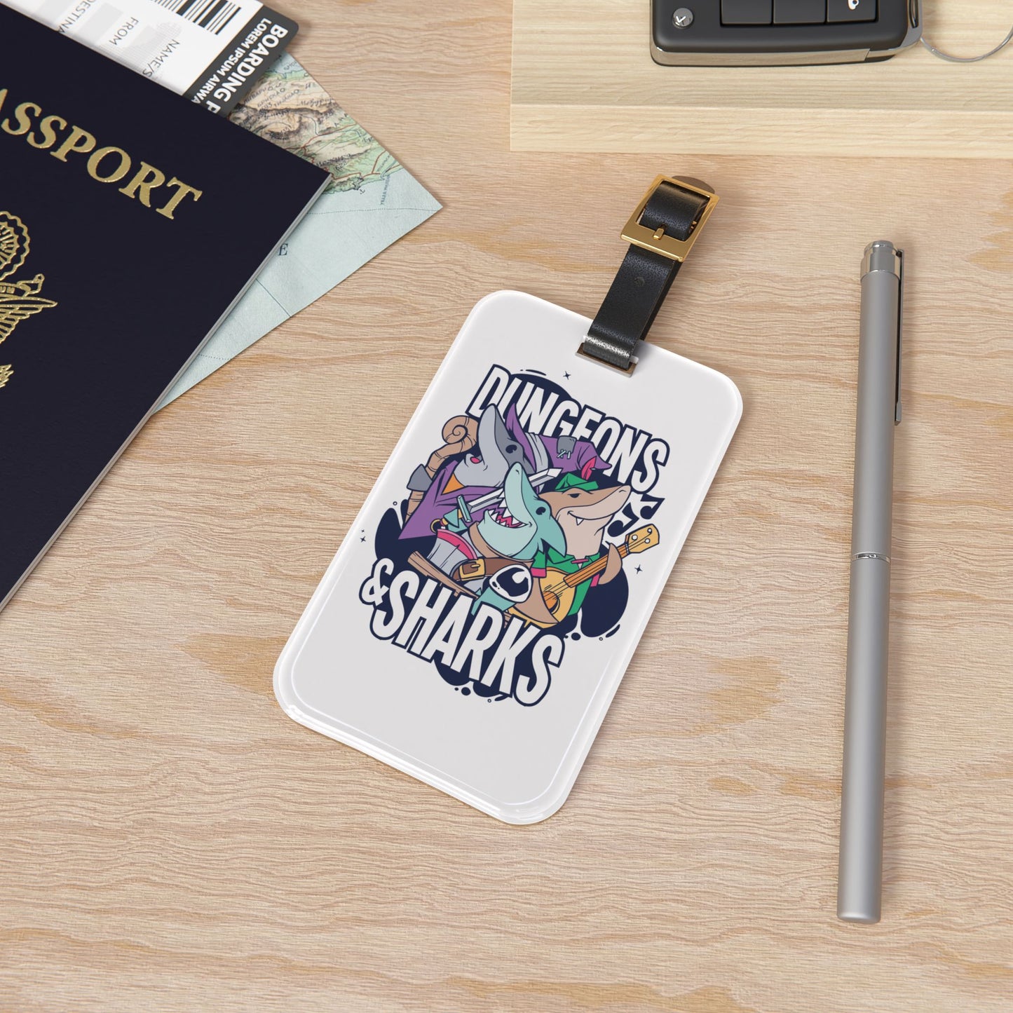 Dungeons and Sharks Luggage Tag | Funny Shark Lover Baggage ID | Nerdy Parody Travel Accessory | Fantasy Roleplaying Gift for Ocean Fans