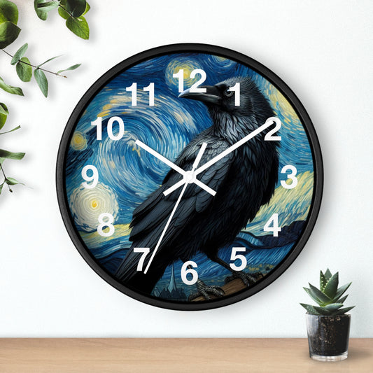 Black Raven Night Sky Wall Clock | Battery Operated | Starry Night-Inspired Art | Perfect Gothic Gift for Raven Lovers | Witchy Wall Decor