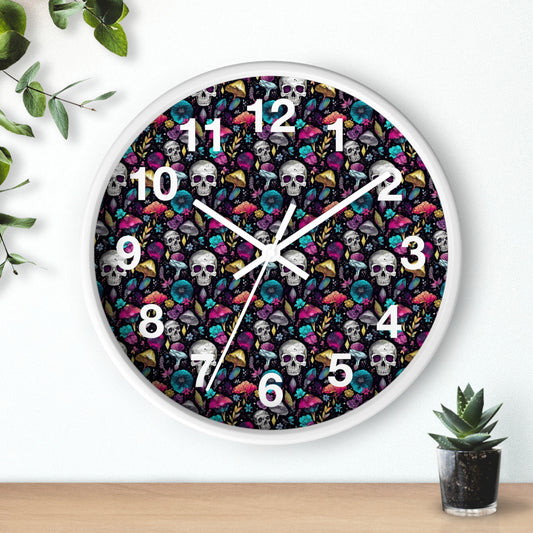 Mushroom Skulls Wall Clock | Cute and Eerie Shroom Decor | Trippy Room Background | Battery Operated | Unique Gift for Gothic Lovers