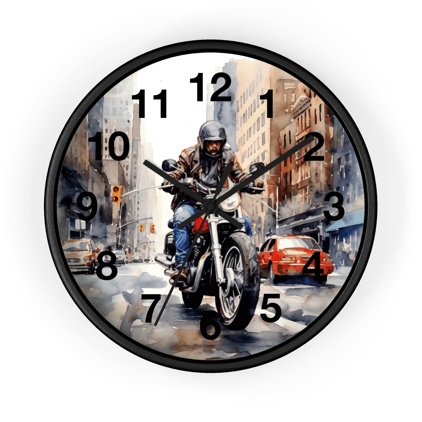 City Street Motorcycle Wall Clock | Urban Biker Decor | Rider Through City Art | Unique Gift for Bikers Cool Man Cave Clock Battery Operated