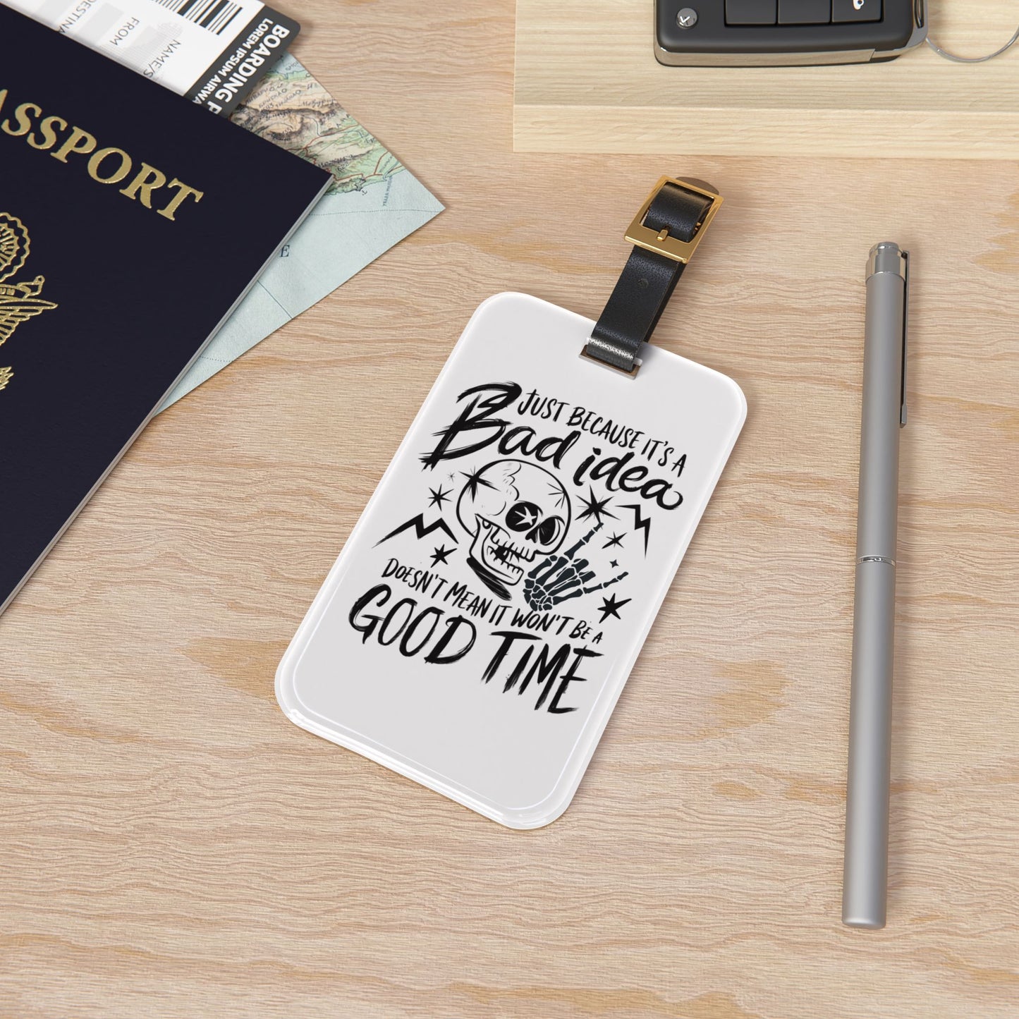 Bad Idea Means a Good Time Luggage Tag | Skull Head Baggage ID | Skeleton Sayings Travel Accessory | Troublemaker Travel Gift Good Times