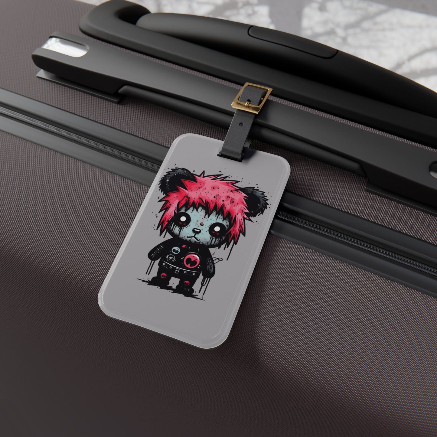 Emo Grunge Pink Hair Death Stare Bear Luggage Tag | Edgy Streetwear Travel Accessory | Alternative Fashion Baggage ID | Goth Bear Elder Emo