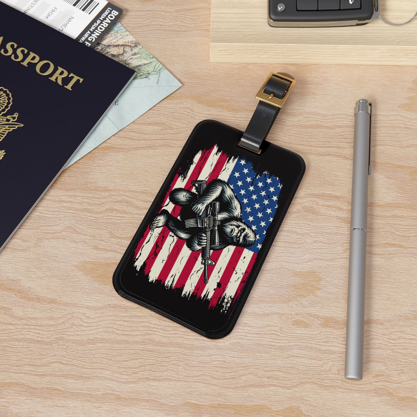 Bigfoot with Gun American Flag Luggage Tag | Patriotic Sasquatch Baggage ID | USA Pride Travel Accessory Legendary Freedom Gift for Patriots