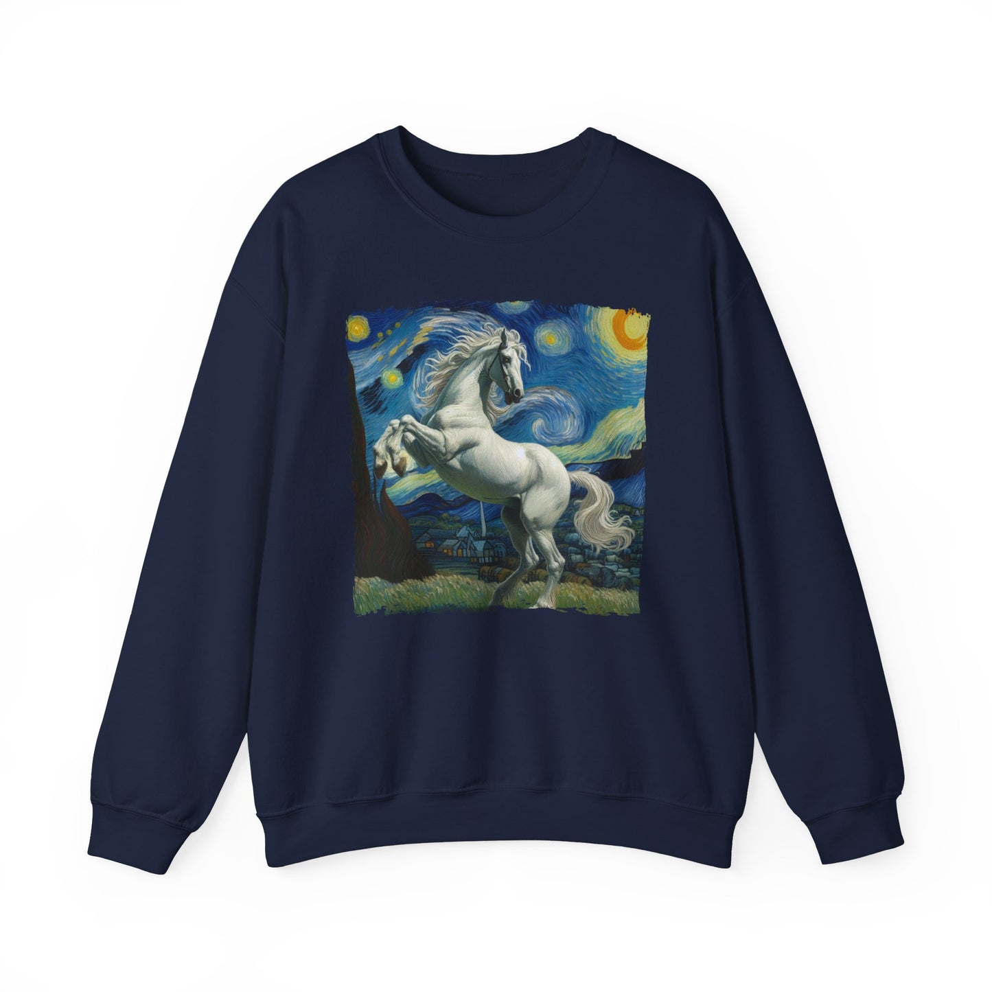 Majestic White Horse Night Sky Crewneck Sweater Starry Night-Inspired Art Pullover Dreamy Horse Lover Gift Unique Funny Horse Parody Sweater