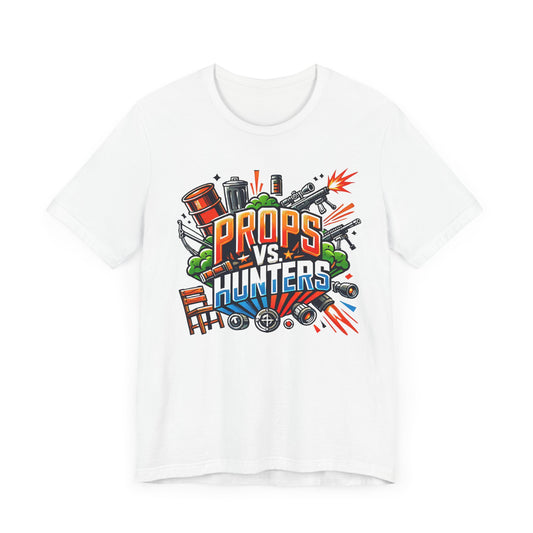 Props vs Hunters Typography Art | Dynamic Prop Hunt Design | Battle-Ready Gamer Illustration | Explosive Clash | Bold Vibrant Cartoon Style