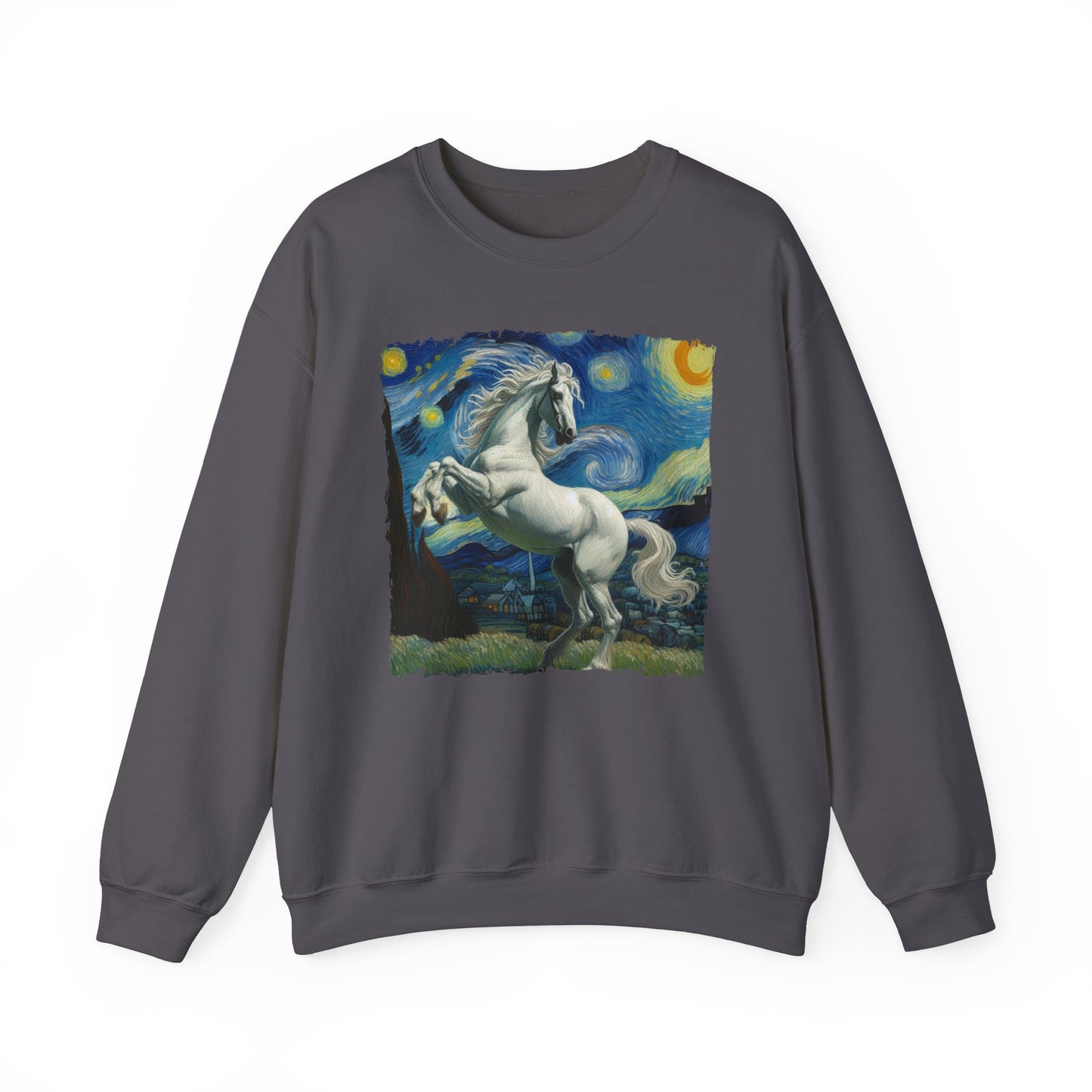 Majestic White Horse Night Sky Crewneck Sweater Starry Night-Inspired Art Pullover Dreamy Horse Lover Gift Unique Funny Horse Parody Sweater