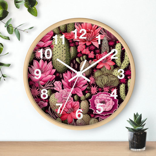 Beautiful Desert Cactus with Pink Flowers Wall Clock | Battery Operated | Watercolor Boho Style Decor | Perfect Gift Cactus Lovers Aesthetic