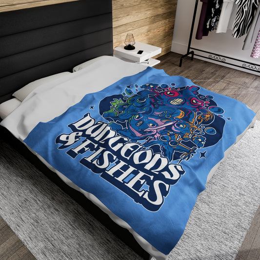 Dungeons and Fishes Velveteen Plush Throw Blanket | Funny Fish Lover Gift | Nerdy Parody Blanket | Fantasy Roleplaying Cozy Aquatic Decor