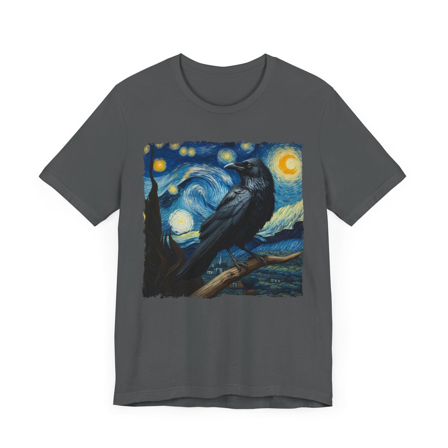 Black Raven Night Sky Shirt | Starry Night-Inspired Art with Majestic Raven | Gothic Bird Lover's Tee with Mystical Vibes Witchcraft Bird