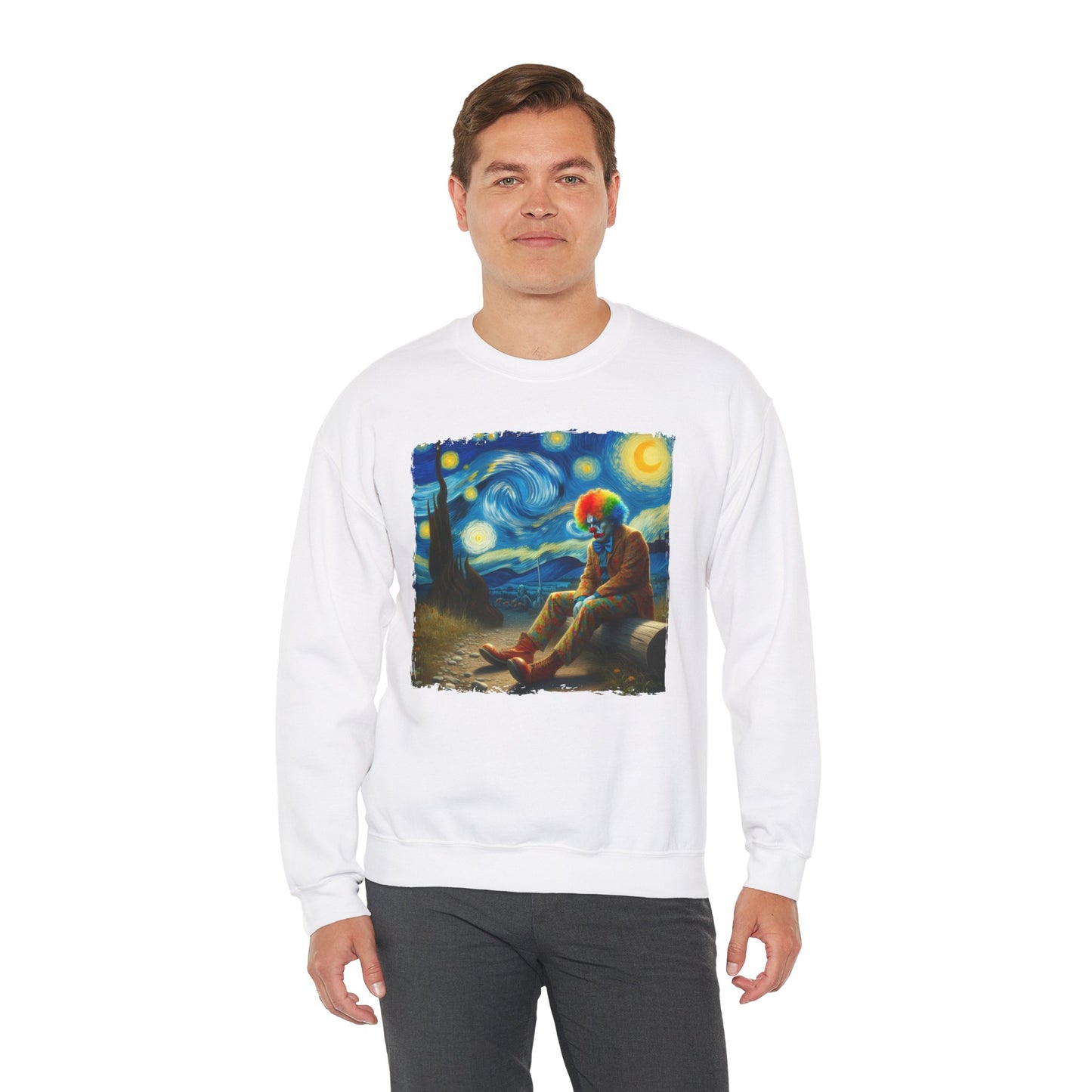 Sad Clown Night Sky Crewneck Sweater | Starry Night-Inspired Dark Humor Art | Unique Retro Clown Sweatshirt Circus Lovers | Hilarious Gift