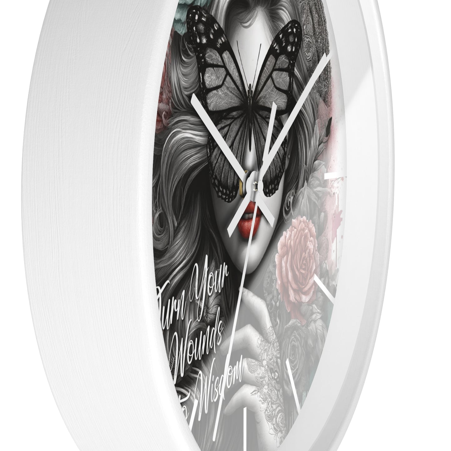 Turn Your Wounds to Wisdom Wall Clock | Inspirational Affirmation Art | Battery Operated | Elegant Woman with Flowers Dark Aesthetic Decor