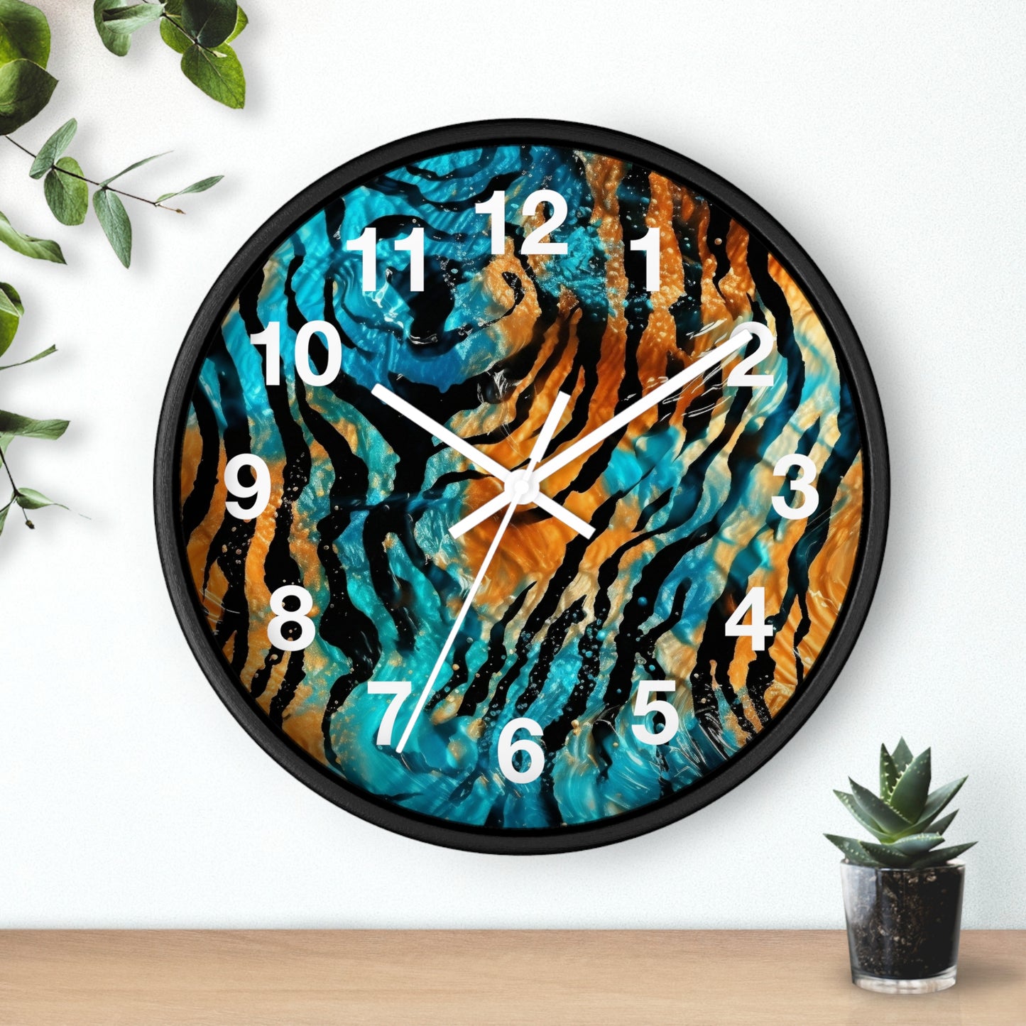 Blue and Orange Tiger Print Wall Clock | Trippy Animal Art | Battery Operated | Unique Teen Room Decor | Perfect Gift for Animal Lovers