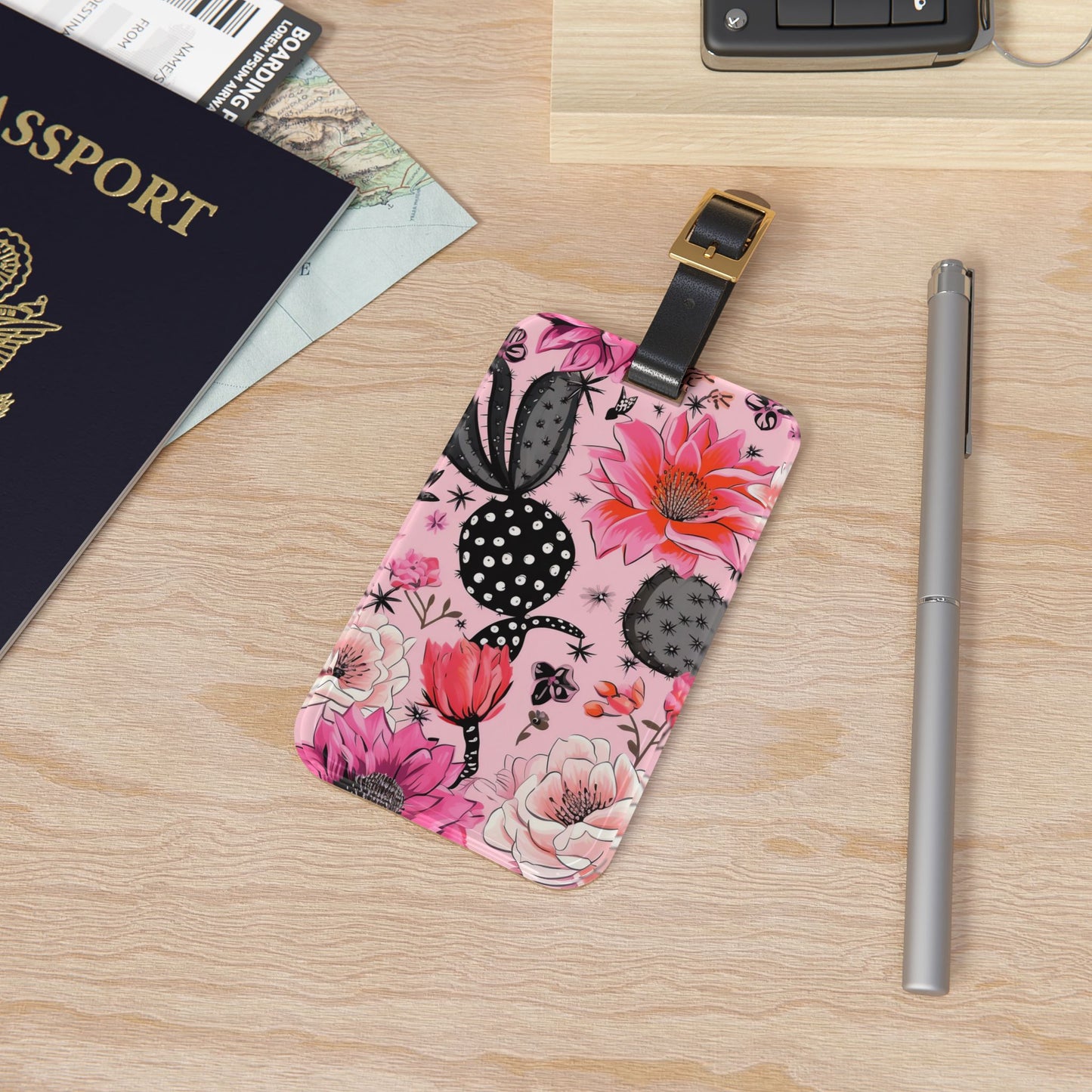 Chic Cactus and Flower Luggage Tag Artistic Floral Desert Design Travel Accessory Stylish Boho Aesthetic Baggage ID Great Gift Flower Lovers