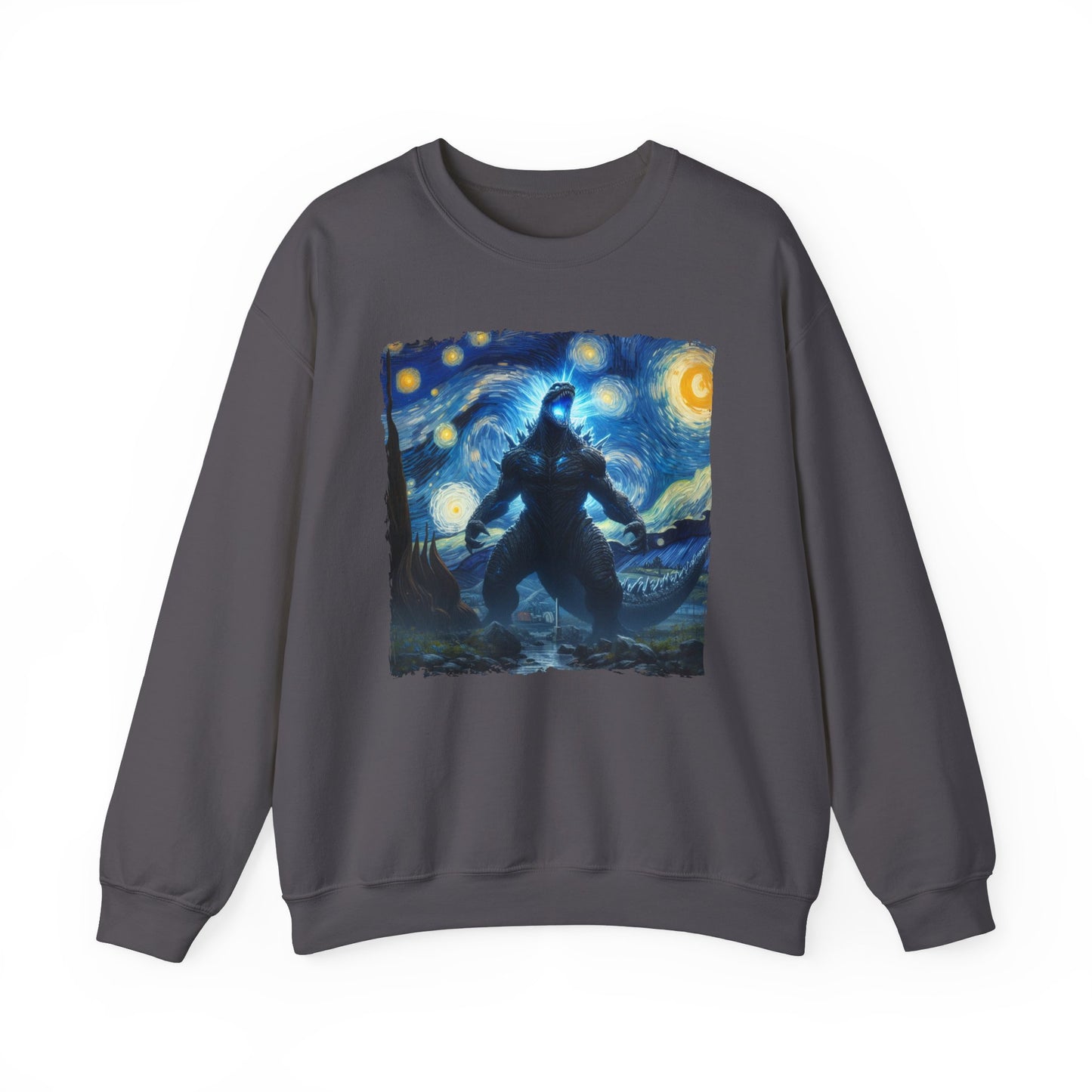 Giant Dinosaur Lizard Night Sky Crewneck Sweater | Kaiju-Inspired Starry Night Art Pullover | Epic Anime Monster Sweatshirt Dino Kaiju Fans