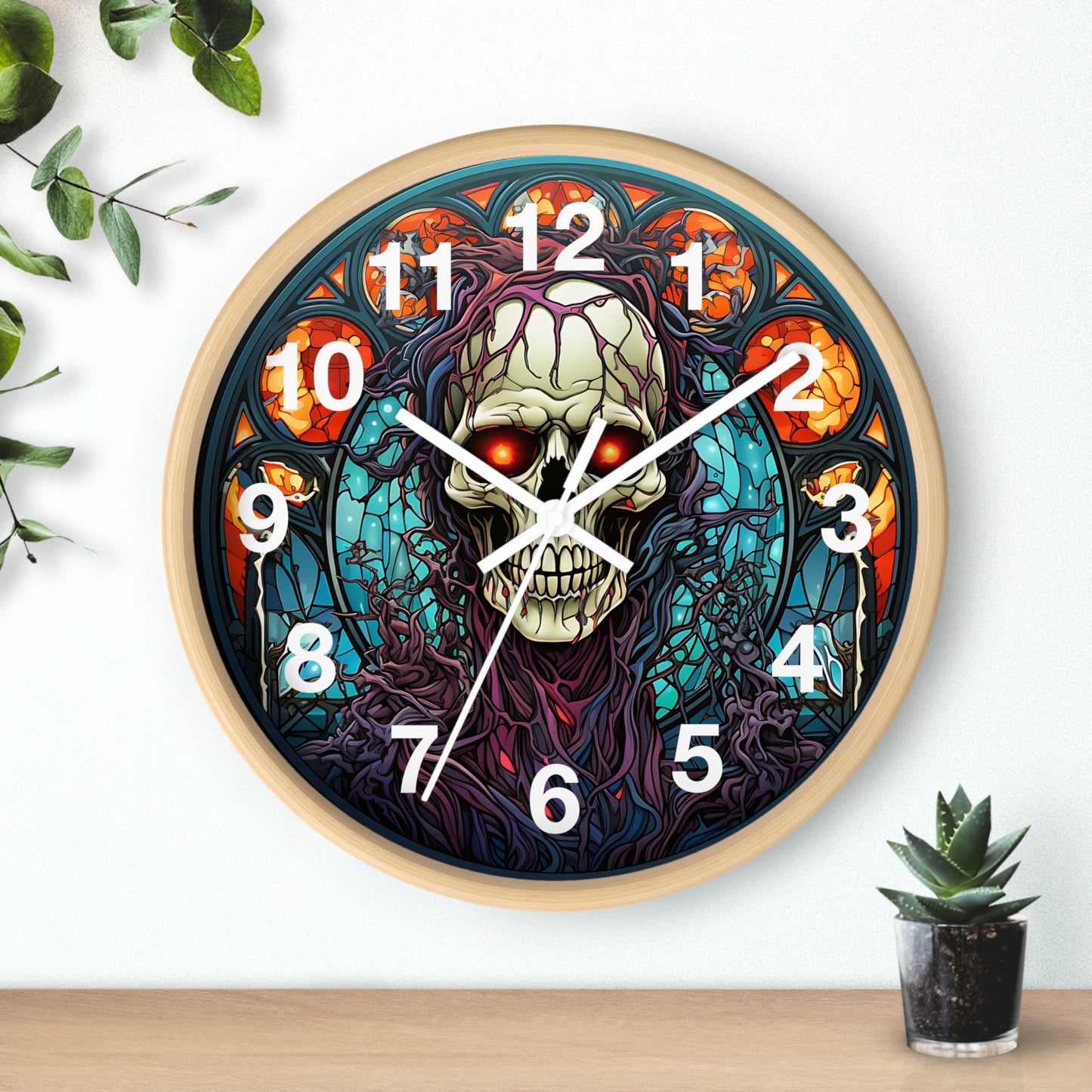 Skull Mosaic Glass Style Wall Clock | Battery Operated | Unique Gothic Decor | Perfect Gift for Skull Lovers | Eye-Catching Home Accent