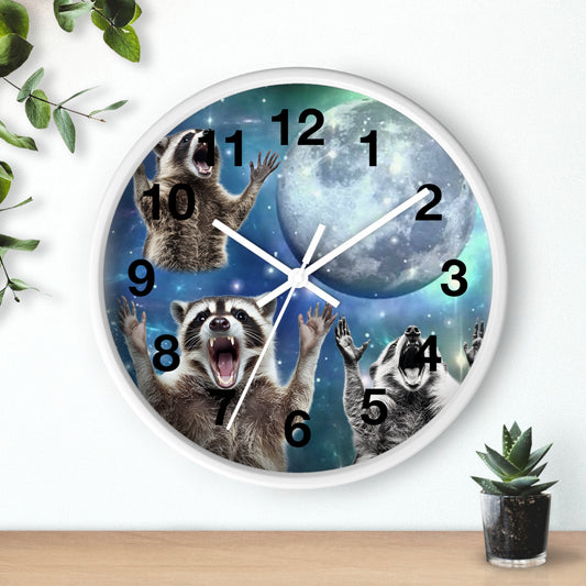 Raccoon Howling at the Moon Wall Clock | Vintage 90s Inspired Trash Panda Design | Battery Operated | Funny Animal Decor Raccoon Lovers Gift