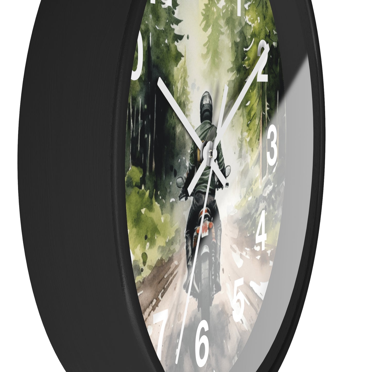 Biker Riding Through Forest Wall Clock | Woods Road Motorcycle Art | Unique Biker Decor | Outdoor Adventure Clock | Gift for Bikers