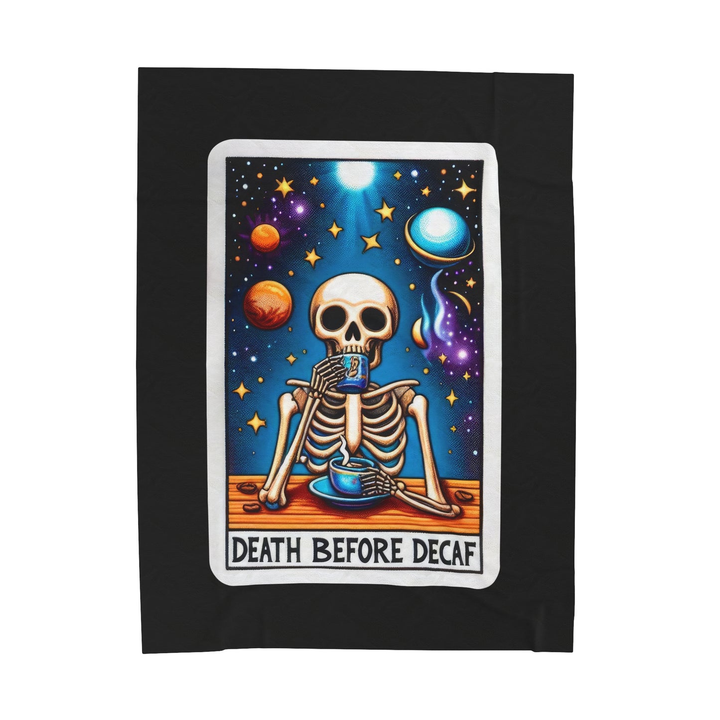 Death Before Decaf Tarot Card Velveteen Plush Blanket | Caffeine Addict Coffee Lover Gift | Cozy Throw Blanket for Espresso Enthusiasts