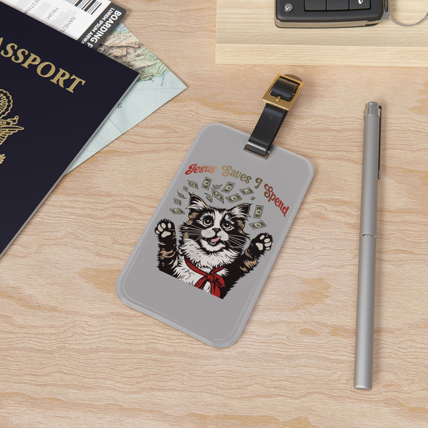 Jesus Saves I Spend Luggage Tag | Funny Cat Money Baggage ID Gen Z Quotes Zoomer Humor Trendy Sassy Animal Vibes Cat Gift Travel Accessory