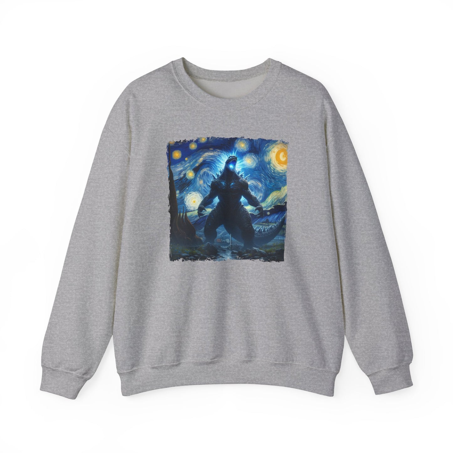 Giant Dinosaur Lizard Night Sky Crewneck Sweater | Kaiju-Inspired Starry Night Art Pullover | Epic Anime Monster Sweatshirt Dino Kaiju Fans