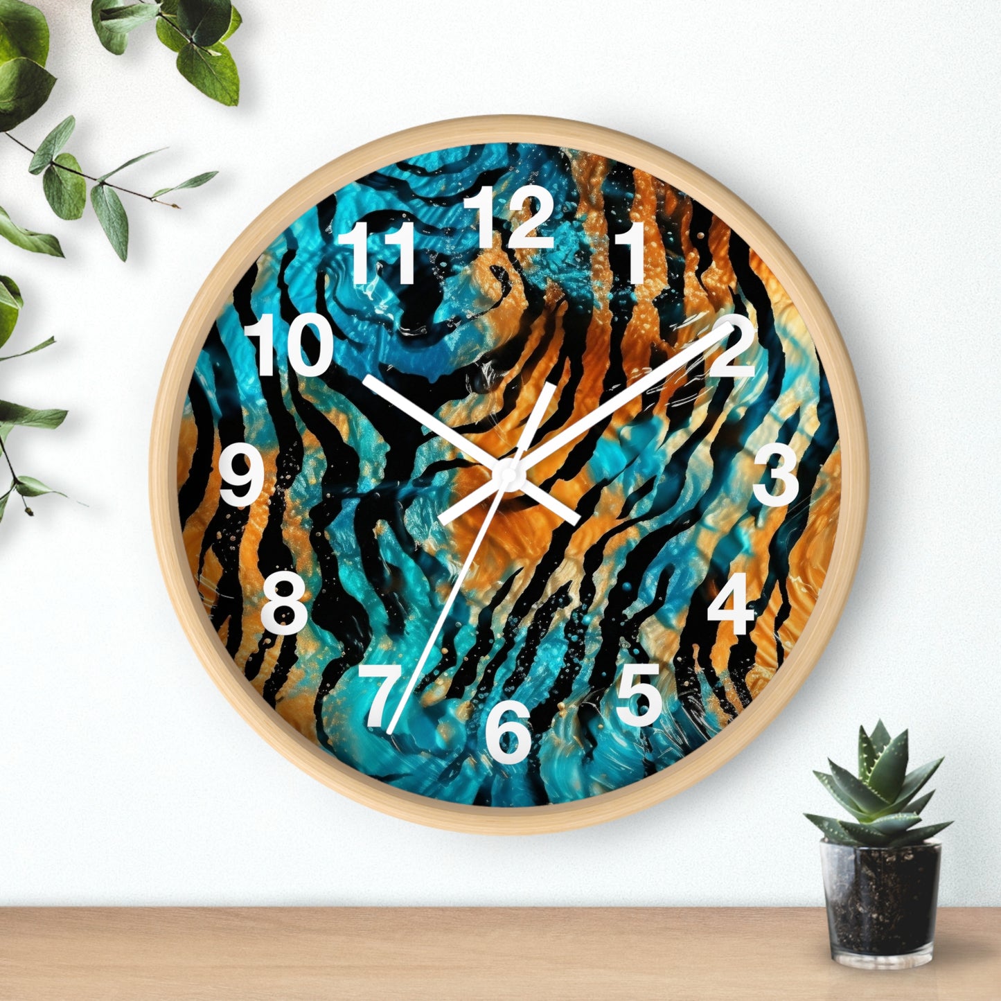 Blue and Orange Tiger Print Wall Clock | Trippy Animal Art | Battery Operated | Unique Teen Room Decor | Perfect Gift for Animal Lovers