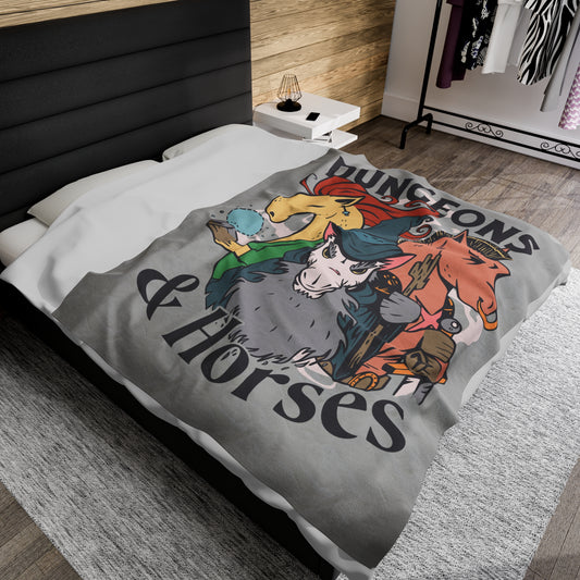 Dungeons and Horses Velveteen Plush Throw Blanket | Funny Horse Lover Gift | Nerdy Parody Blanket Fantasy Roleplaying Cozy Equestrian Decor