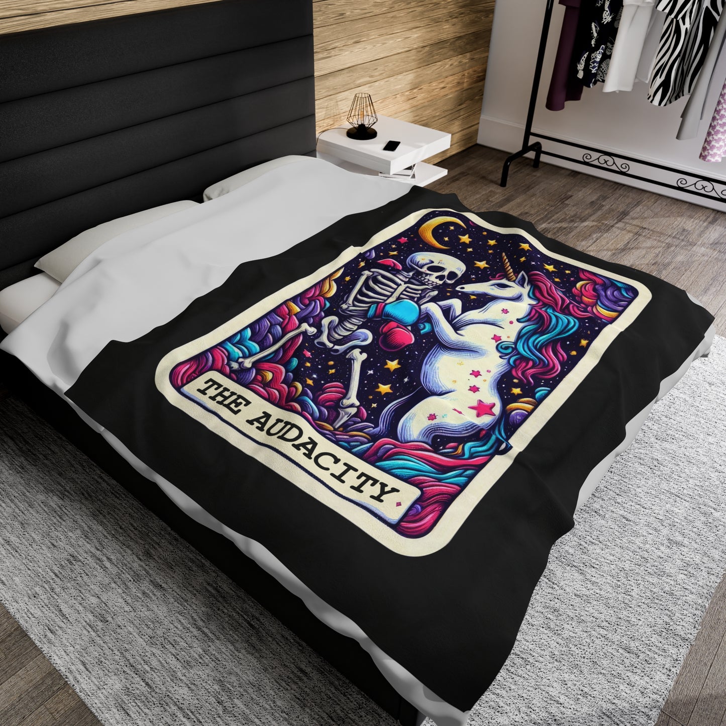 The Audacity Tarot Card Velveteen Plush Throw Blanket | Skeleton Unicorn Blanket Tarot-Inspired Funny Gift | Cozy Blanket Bold Personalities