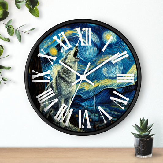 Lone Wolf Night Sky Wall Clock Roman Numeral | Battery Operated | Starry Night-Inspired Art Gift Wolf and Nature Lovers Wall Decor Wolf Gift