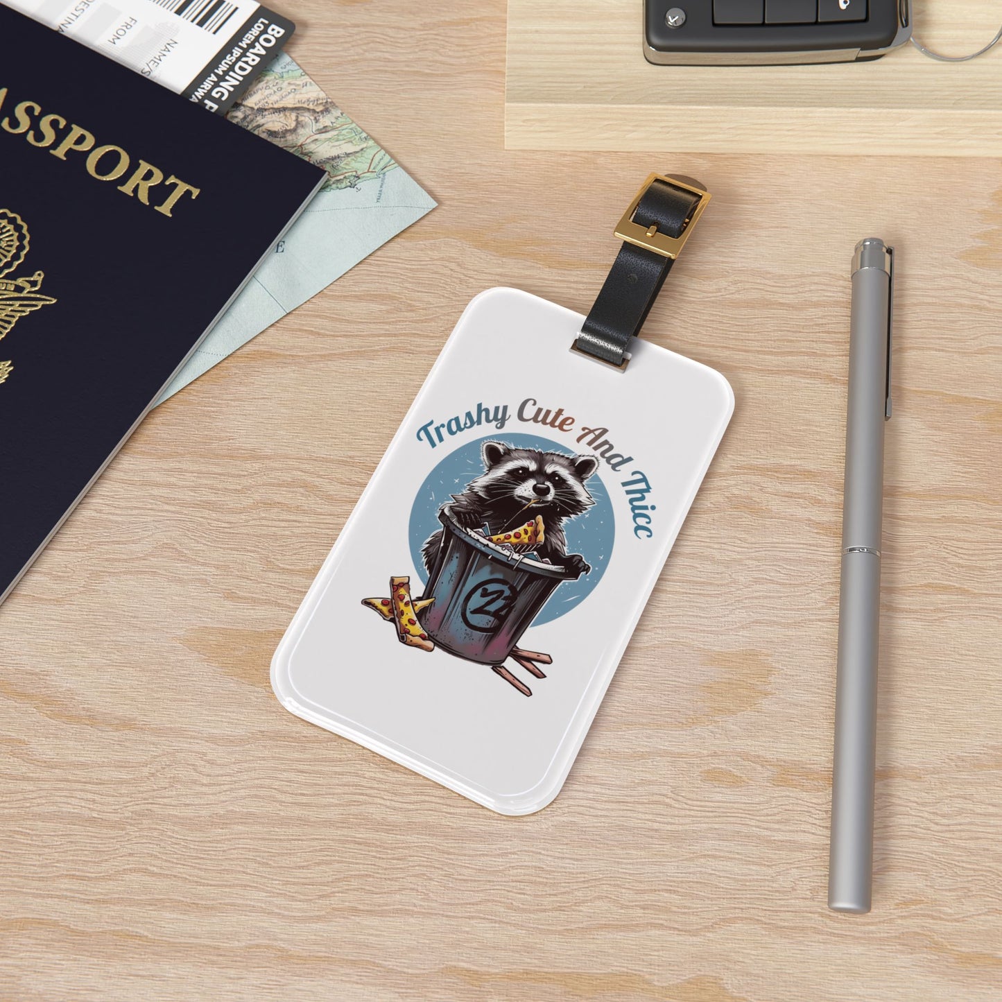 Trashy Cute and Thicc Racoon Luggage Tag | Gen Z Quotes Design | Zoomer Vibes Hilarious Animal Humor Travel Accessory Perfect Raccoon Lovers