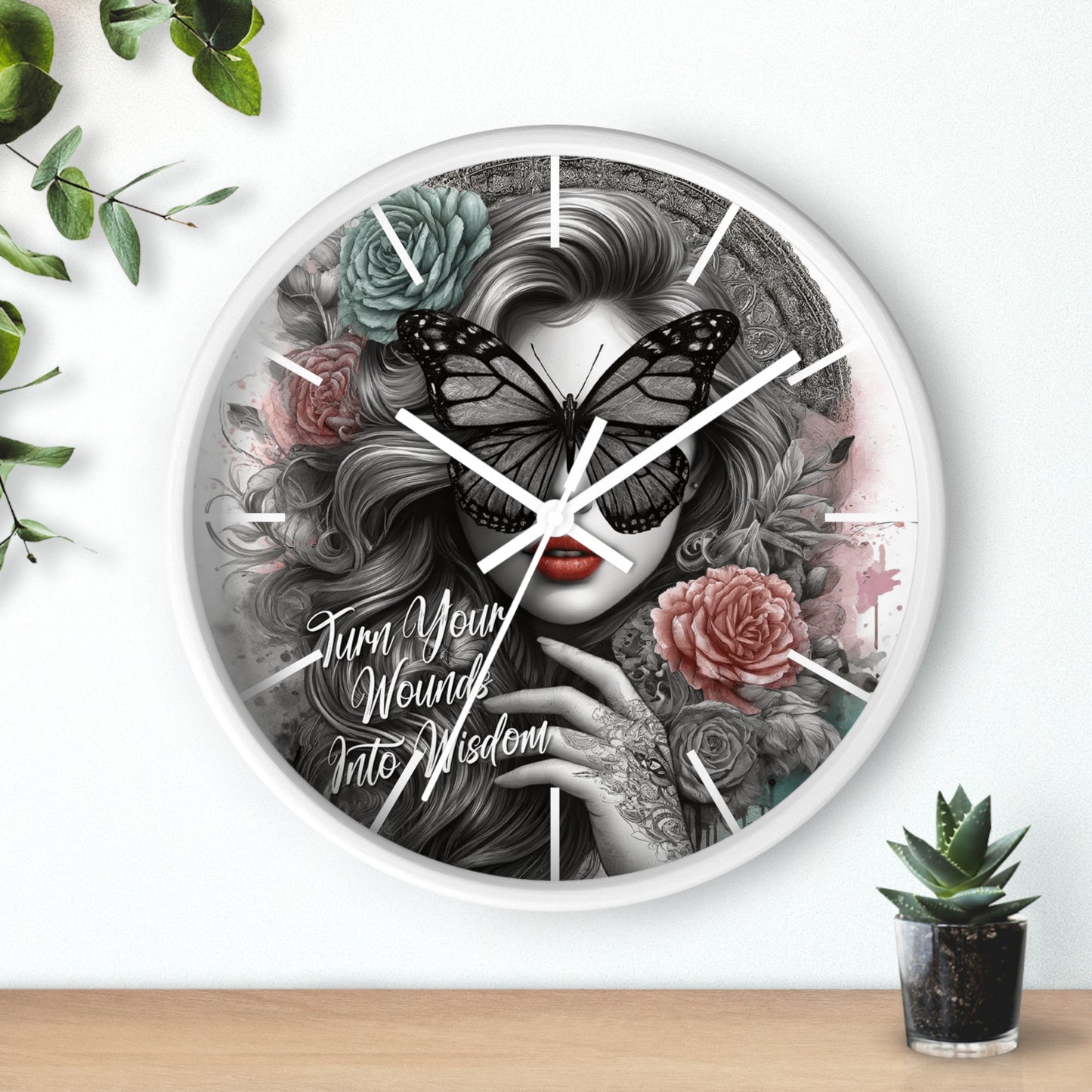 Turn Your Wounds to Wisdom Wall Clock | Inspirational Affirmation Art | Battery Operated | Elegant Woman with Flowers Dark Aesthetic Decor