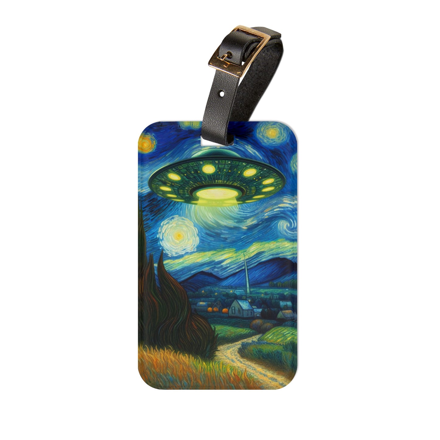 Alien UFO Night Sky Luggage Tag | Starry Night-Inspired Travel Accessory | Cosmic Sci-Fi Baggage ID for UFO Believers | Outer Space Gift