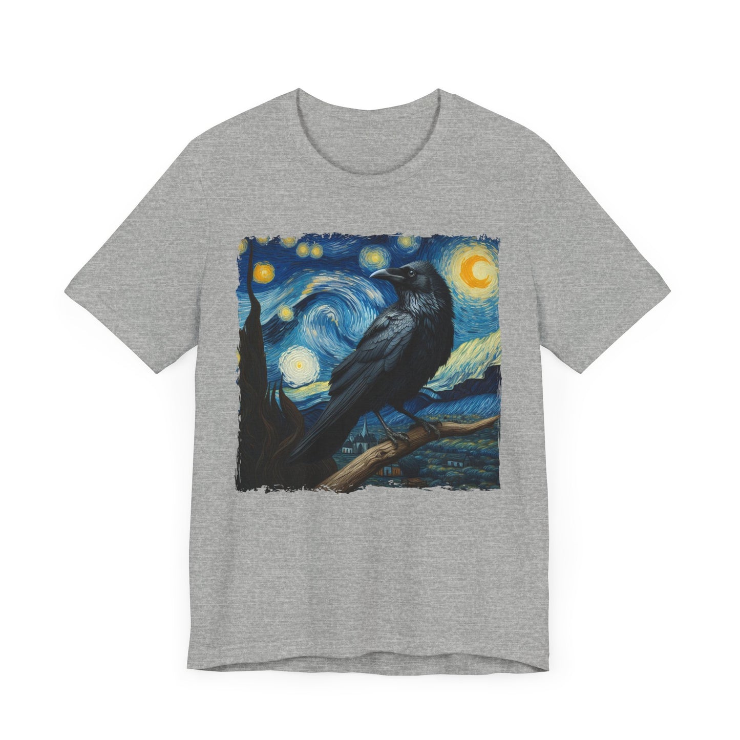 Black Raven Night Sky Shirt | Starry Night-Inspired Art with Majestic Raven | Gothic Bird Lover's Tee with Mystical Vibes Witchcraft Bird