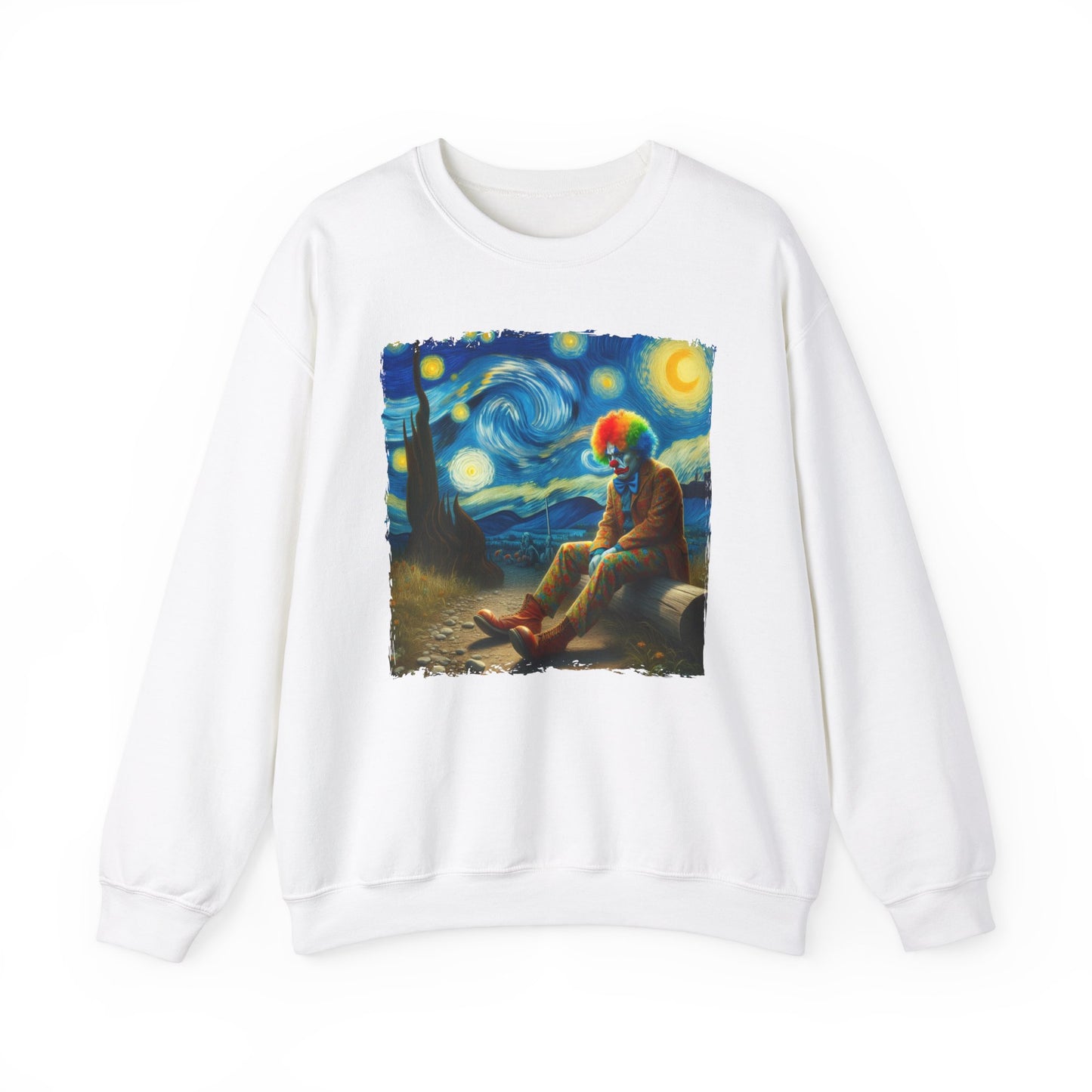 Sad Clown Night Sky Crewneck Sweater | Starry Night-Inspired Dark Humor Art | Unique Retro Clown Sweatshirt Circus Lovers | Hilarious Gift